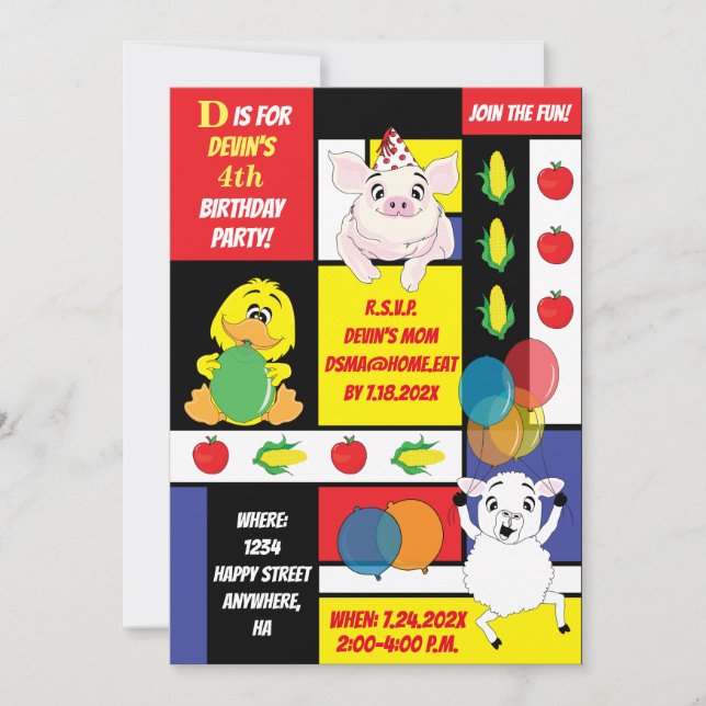 Convite Festa de aniversário de animais do estaleiro (Frente)