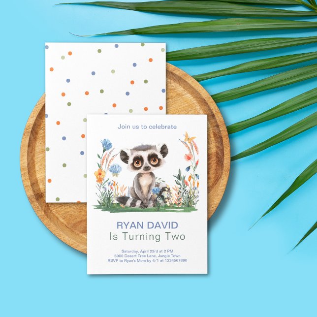 Convite Festa de Aniversário de Animais Selvagens Safari n (Safari Jungle Watercolor Monkey Orange Blue Flowers Colorful Dots Two Wild Birthday Invitation)