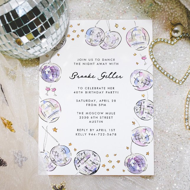 Convite Festa de aniversário de Aquarela da Bola de Disco (Stunning watercolor disco balls frame this birthday party invitation in lovely purple and pink hues.)