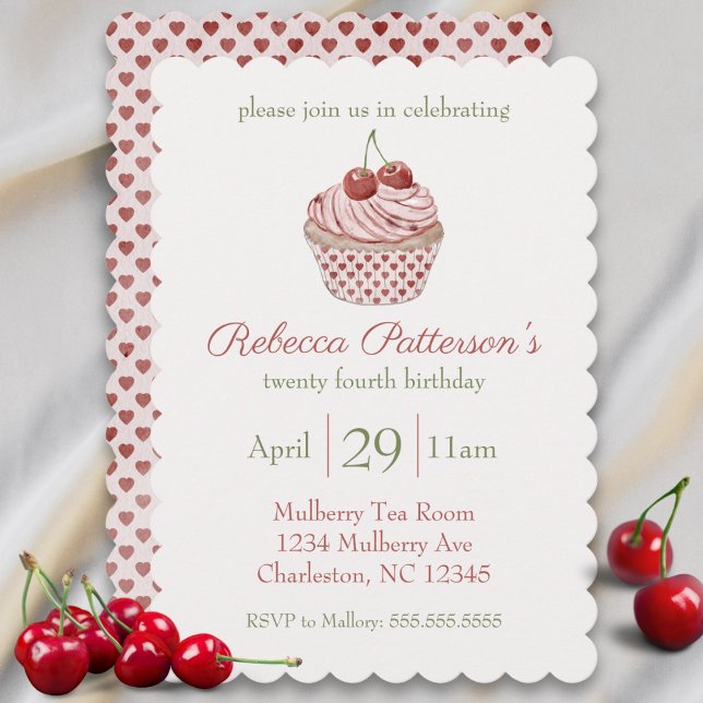 Convite Festa de aniversário de Aquarela de Cherry Coquett (cherry cupcake coquette aesthetic birthday invitation cute watercolor hearts girls bday party pink)