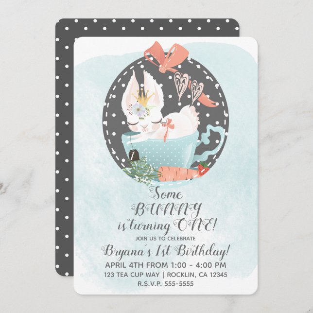 Convite Festa de aniversário de Aquarela de coelho de chá (Frente/Verso)