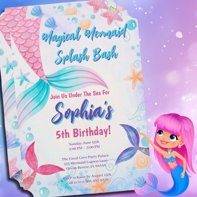 Convite Festa de aniversário de Aquarela de Colheita de Pa (Mermaid Splash Bash Birthday Invite for an Under the Sea Party that will be unforgettable )