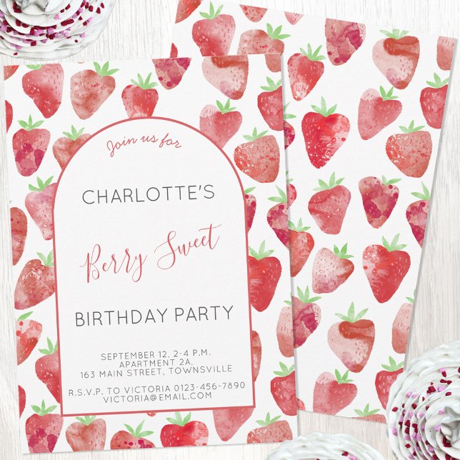 Convite Festa de aniversário de Aquarela de Morango (Strawberry watercolor custom birthday party invitation with digital download and print options)