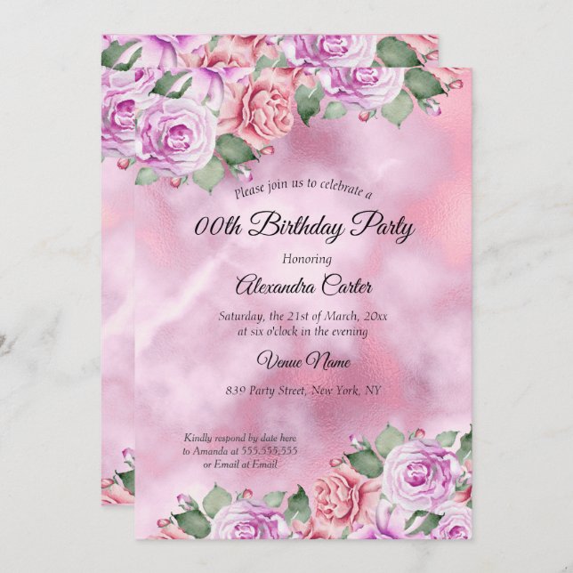 Convite Festa de aniversário de Aquarela Floral Púrpura ro (Frente/Verso)