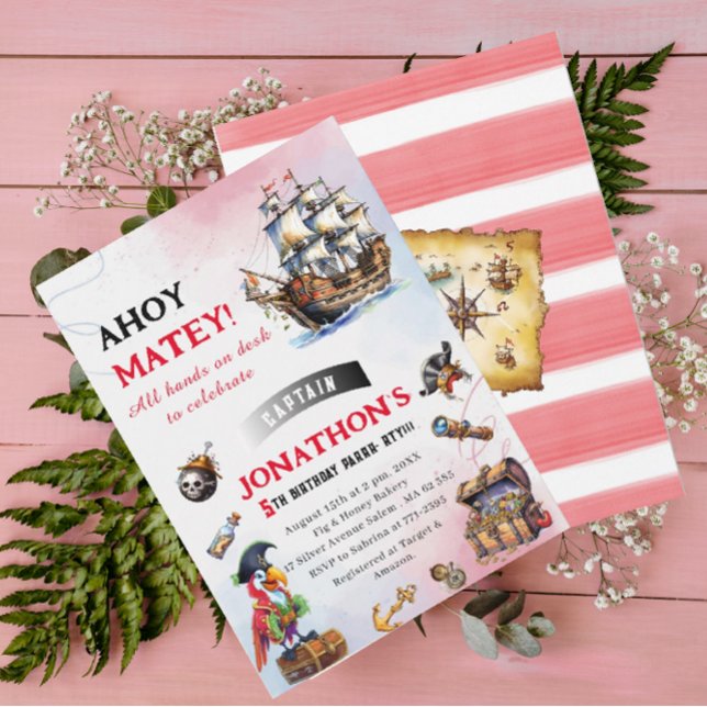 Convite Festa de aniversário de aquarela pirata (Criador carregado)