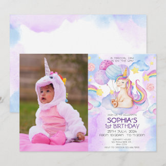 Convite Festa de aniversário de Aquarela Púrpura de Unicór