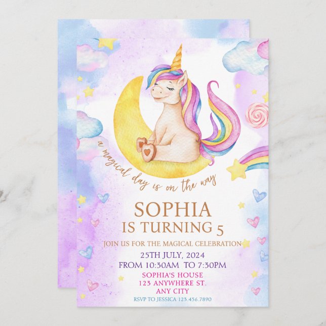 Convite Festa de aniversário de Aquarela Púrpura de Unicór (Frente/Verso)