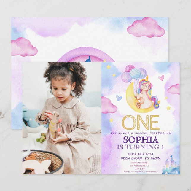 Convite Festa de aniversário de Aquarela Púrpura de Unicór (Frente/Verso)