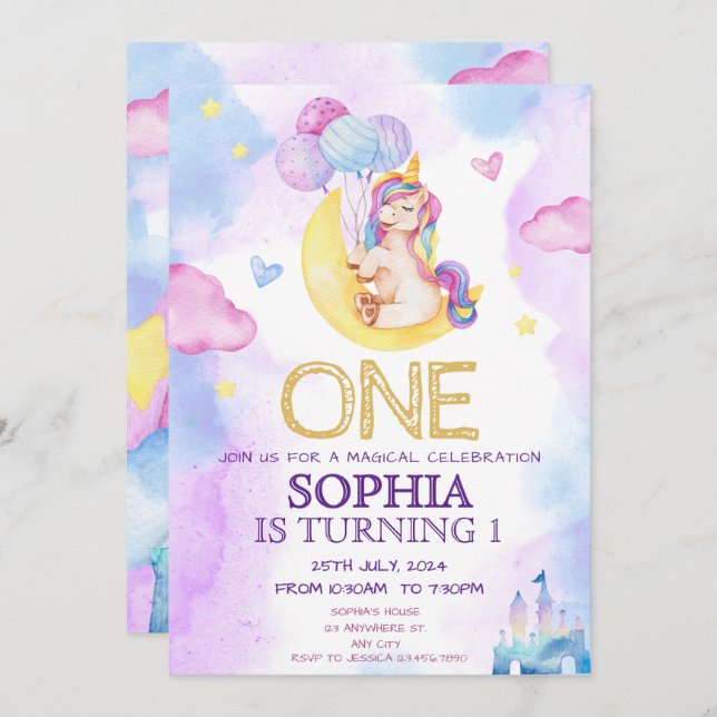 Convite Festa de aniversário de Aquarela Púrpura de Unicór (Frente/Verso)