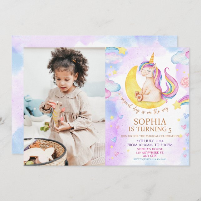 Convite Festa de aniversário de Aquarela Púrpura de Unicór (Frente/Verso)