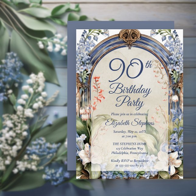 Convite Festa de aniversário de Arca Floral Elegante Barro (Elegant Baroque Garden Floral Arch 90th Birthday Party Invitation - Print | Digital Download)