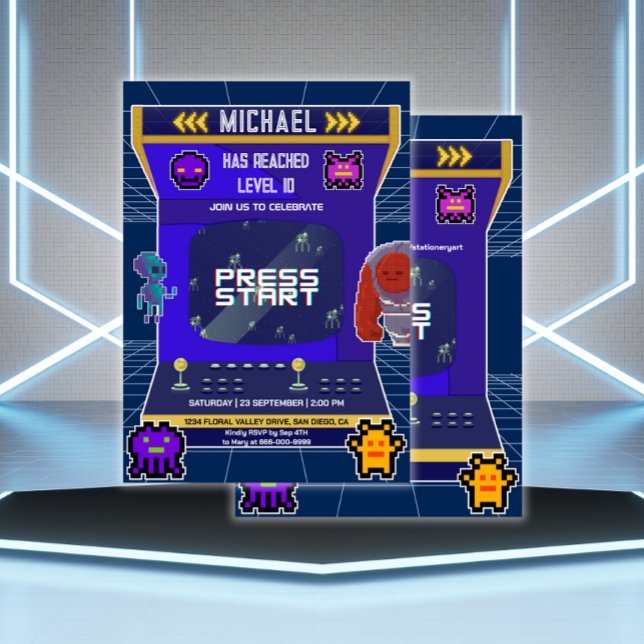 Convite Festa de aniversário de Arcade de Vídeo de Pixels  (Arcade Video Game Birthday Party Invitation)