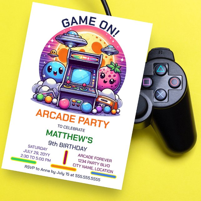 Convite Festa de aniversário de Arcade Retro (Get ready to step back in time with this customizable fun retro arcade birthday party invitation.)