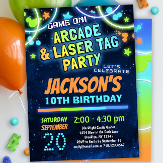 Convite Festa de aniversário de Arcade Verde Azul e Etique