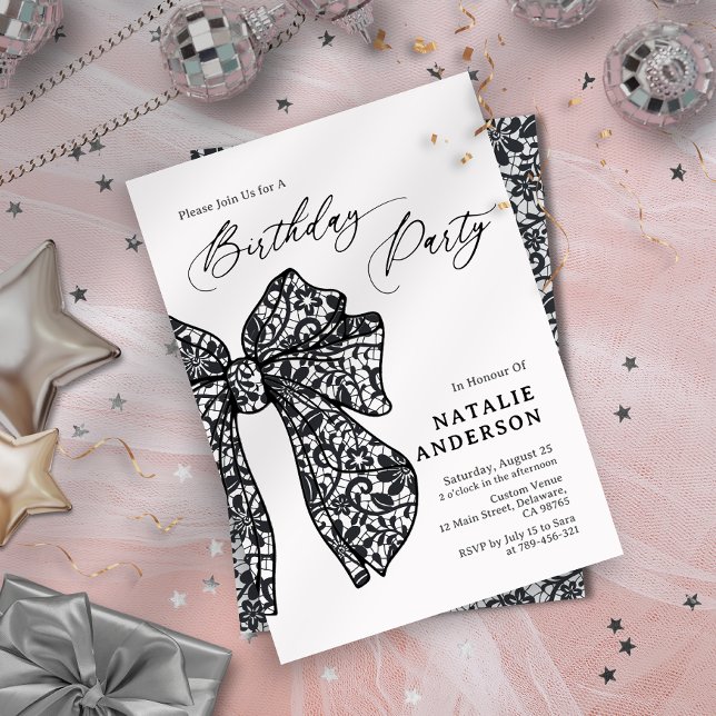 Convite Festa de aniversário de Arco Floral Preto Feminina (Feminine Black Floral Lace Bow Birthday Party Invitation)