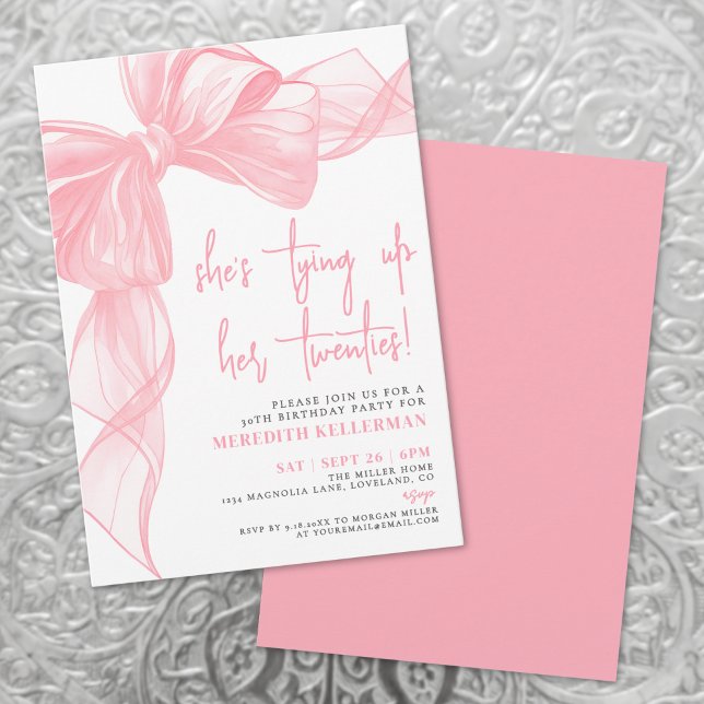 Convite Festa de aniversário de Arco rosa com aquarela ele (Elegant Watercolor Pink Bow Birthday Party Invitation)
