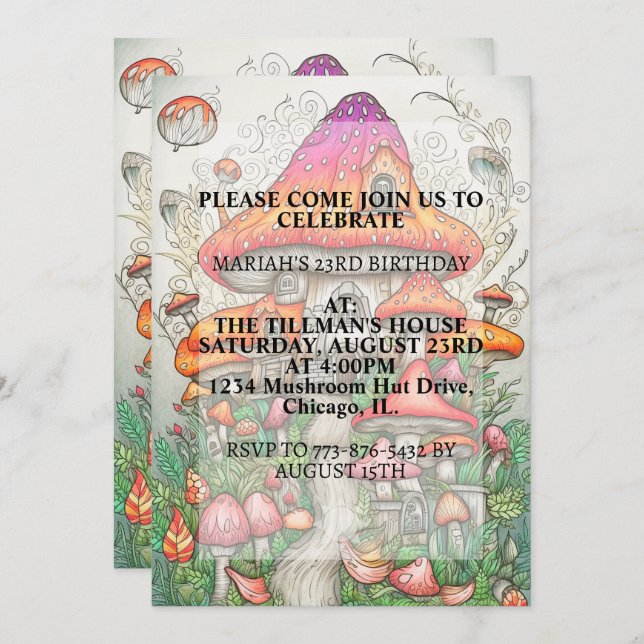 Convite Festa de aniversário de Arte Creative Mushroom (Frente/Verso)
