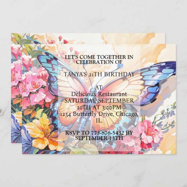 Convite Festa de aniversário de Arte de Borboleta Criativa (Frente/Verso)