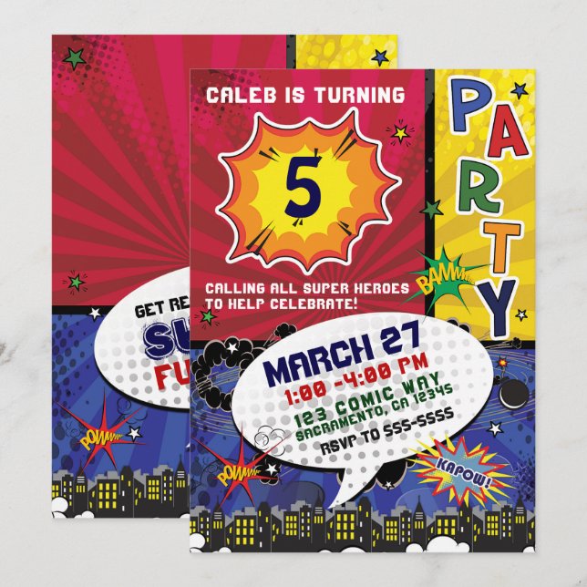 Convite Festa de Aniversário de Arte Pop de Quadrinhos (Frente/Verso)
