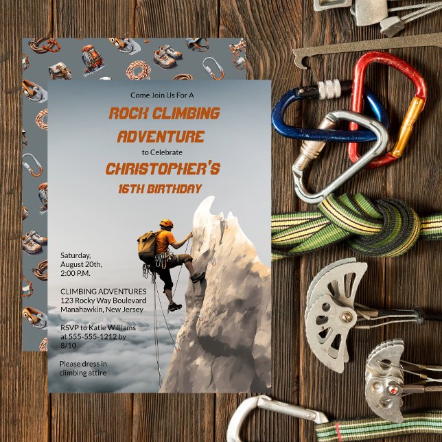 Convite Festa de aniversário de Aventura de Escalada Rusti (Rustic Rock Climbing Adventure Birthday Party Invitation -- Preteens to Adult)