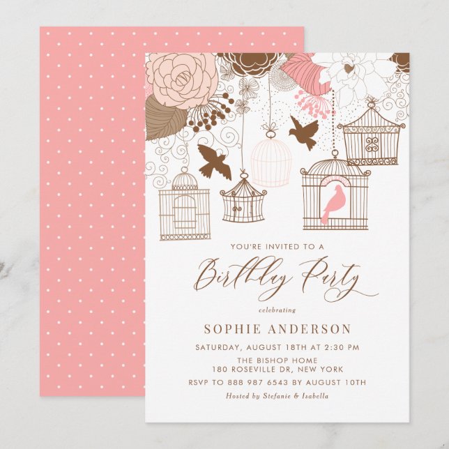 Convite Festa de aniversário de Aves da Vintage, cor-de-ro (Frente/Verso)