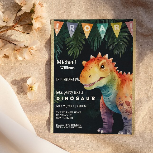 Convite Festa de aniversário de Banner de Dino Preto Laran (Colorful Orange Black Dino Banner Birthday Party)