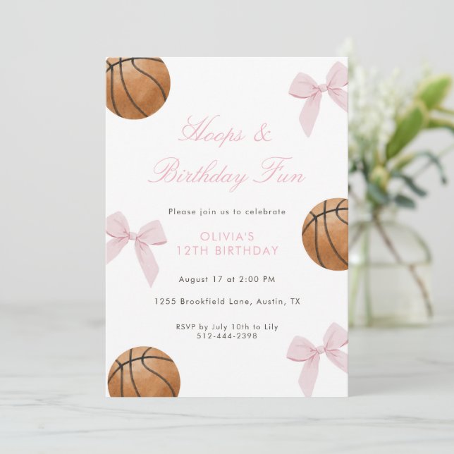 Convite Festa de Aniversário de Basquete com Laço Rosa par (Em pé/Frente)