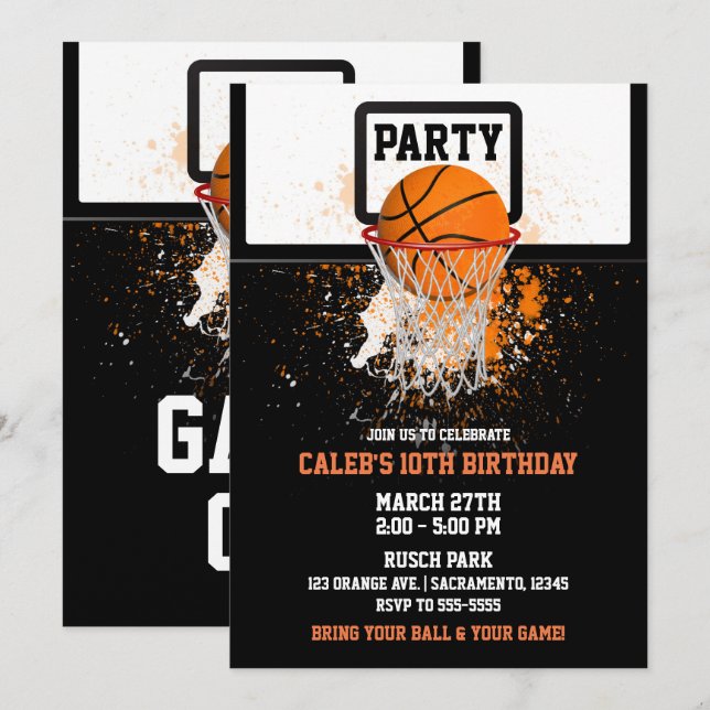 Convite Festa de Aniversário de Basquete e Esportes com Ar (Frente/Verso)