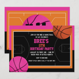 Convite Festa de Aniversário de Basquete Preto Rosa e Lara