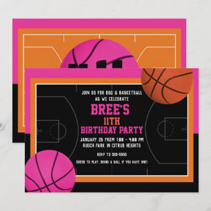 Convite Festa de Aniversário de Basquete Preto Rosa e Lara
