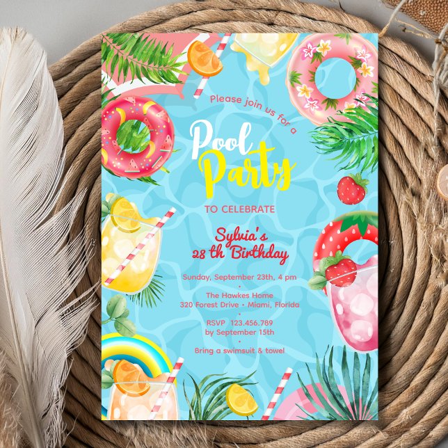 Convite festa de aniversário de bebidas de verão em piscin (Criador carregado)
