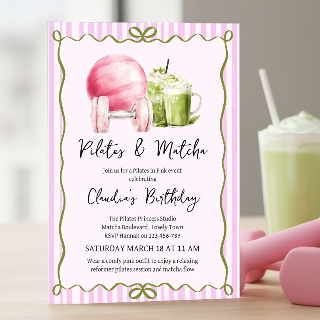 Convite Festa de Aniversário de Bem-Estar Pilates e Matcha (Pilates & Matcha birthday invitation .. pilates in pink celebration .. girly wellness event)