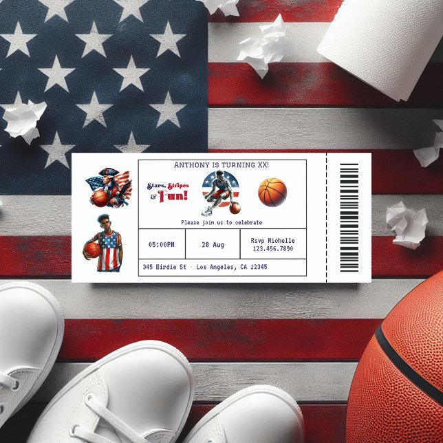 Convite Festa de aniversário de Bilhete de Basquete Patrió (Patriotic USA Basketball Ticket Birthday Party Invitation)