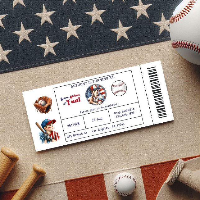 Convite Festa de aniversário de Bilhete de Beisebol para T (All American Boy Baseball Ticket Birthday Party Invitation)