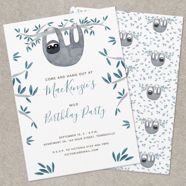 Convite Festa de aniversário de Boca-Lata (Cute watercolor sloth themed birthday party invitation)