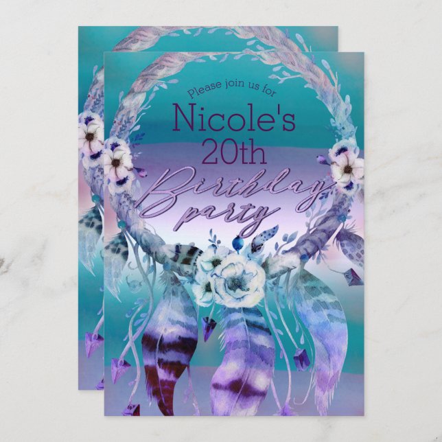 Convite Festa de aniversário de Boho do Sonho Roxo e Teal (Frente/Verso)