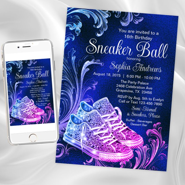 Convite Festa de aniversário de Bola do Sneaker Azul Roxo (Purple blue sneaker ball invitation. Instant download and printed invitations available.)
