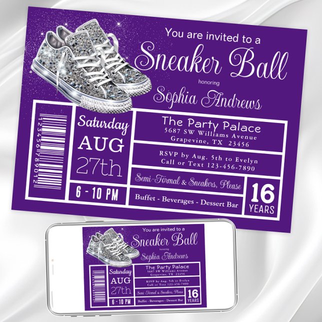 Convite Festa de aniversário de Bola do Sneaker de Diamant (Purple sneaker ball invitation. Instant download and printed invitations available.)