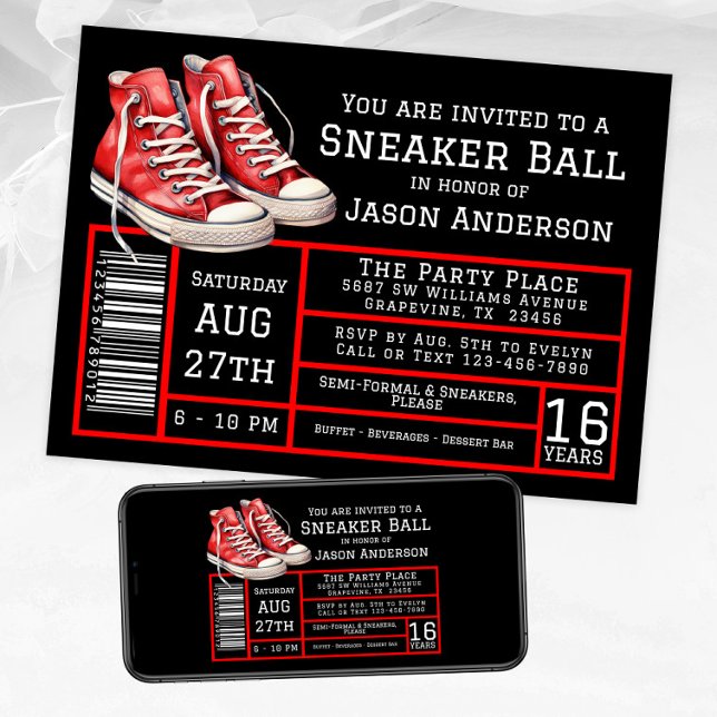Convite Festa de aniversário de Bola Negra Negra (Red black sneaker ball invitation with red sneakers. Available for instant download and print.)