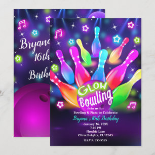 Convite Festa de Aniversário de Boliche Brilhante no Escur