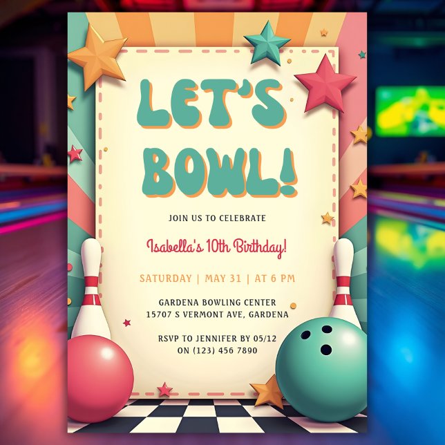 Convite Festa de aniversário de Boliche retrorreflectora c (Fun Colorful Retro 50s Bowling Birthday Party Invitation)