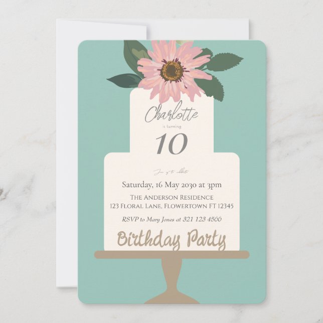 Convite Festa de aniversário de Bolo Floral Rosa (Frente)