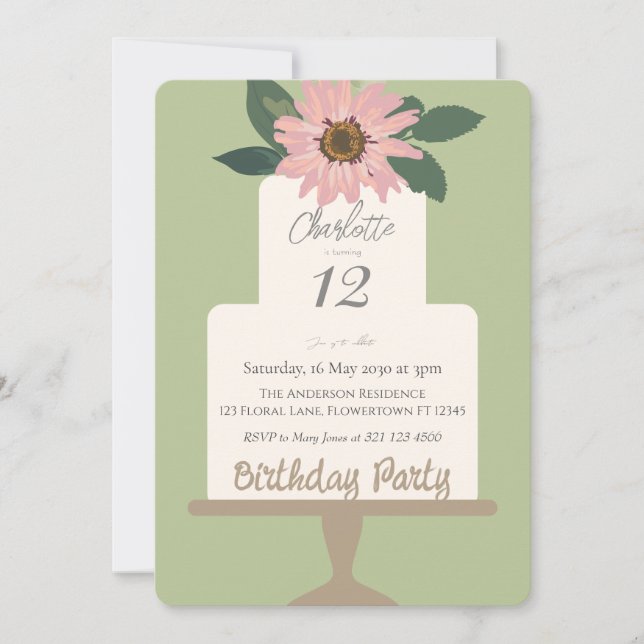 Convite Festa de aniversário de Bolo Floral Rosa (Frente)