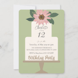 Convite Festa de aniversário de Bolo Floral Rosa