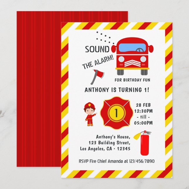 Convite Festa de Aniversário de Bombeiro Caminhão de Bombe (Frente/Verso)