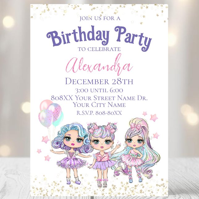 Convite Festa de aniversário de Bonecas Brilhantes (Criador carregado)