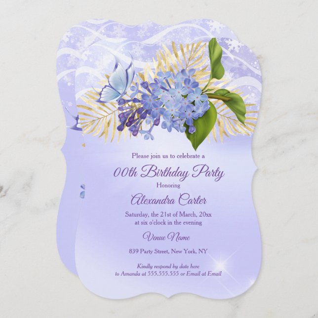 Convite Festa de aniversário de borboleta Bonito azul-púrp (Frente/Verso)