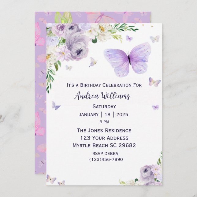 Convite Festa de aniversário de Borboleta Floral Roxa (Frente/Verso)