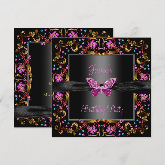 Convite Festa de aniversário de borboleta preta, cor-de-ro (Frente/Verso)