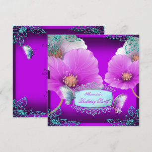 Convite Festa de Aniversário de Borboleta Roxa Rosa Azulad